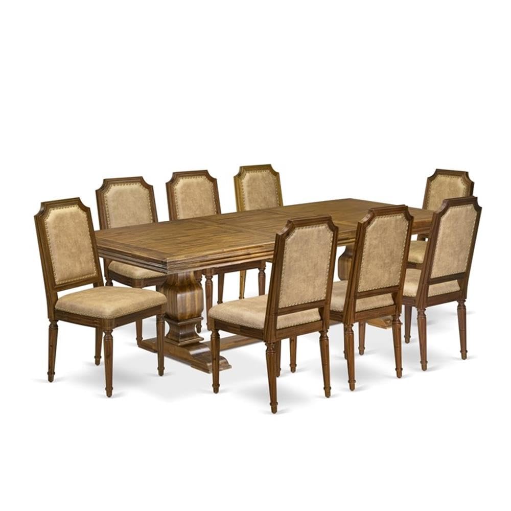 9-Piece Walnut Finish Acacia Wood Dining Room Set with Beige PU Leather Chairs Q845