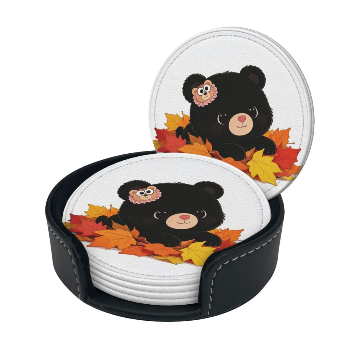Black Bear Leather Coasters Set of 6 with Holder O841111