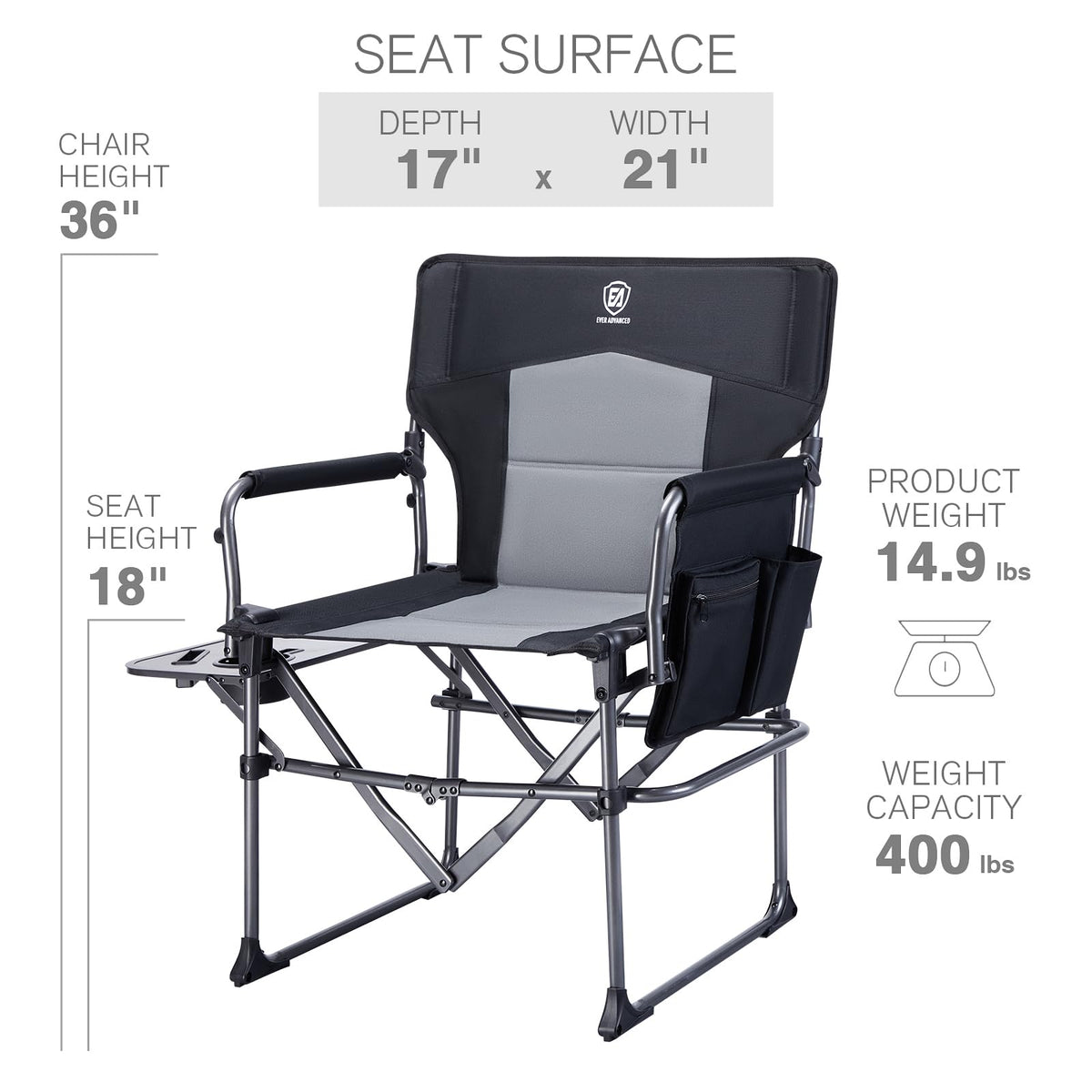Portable Folding Camping Chair with Side Table, Black Q878