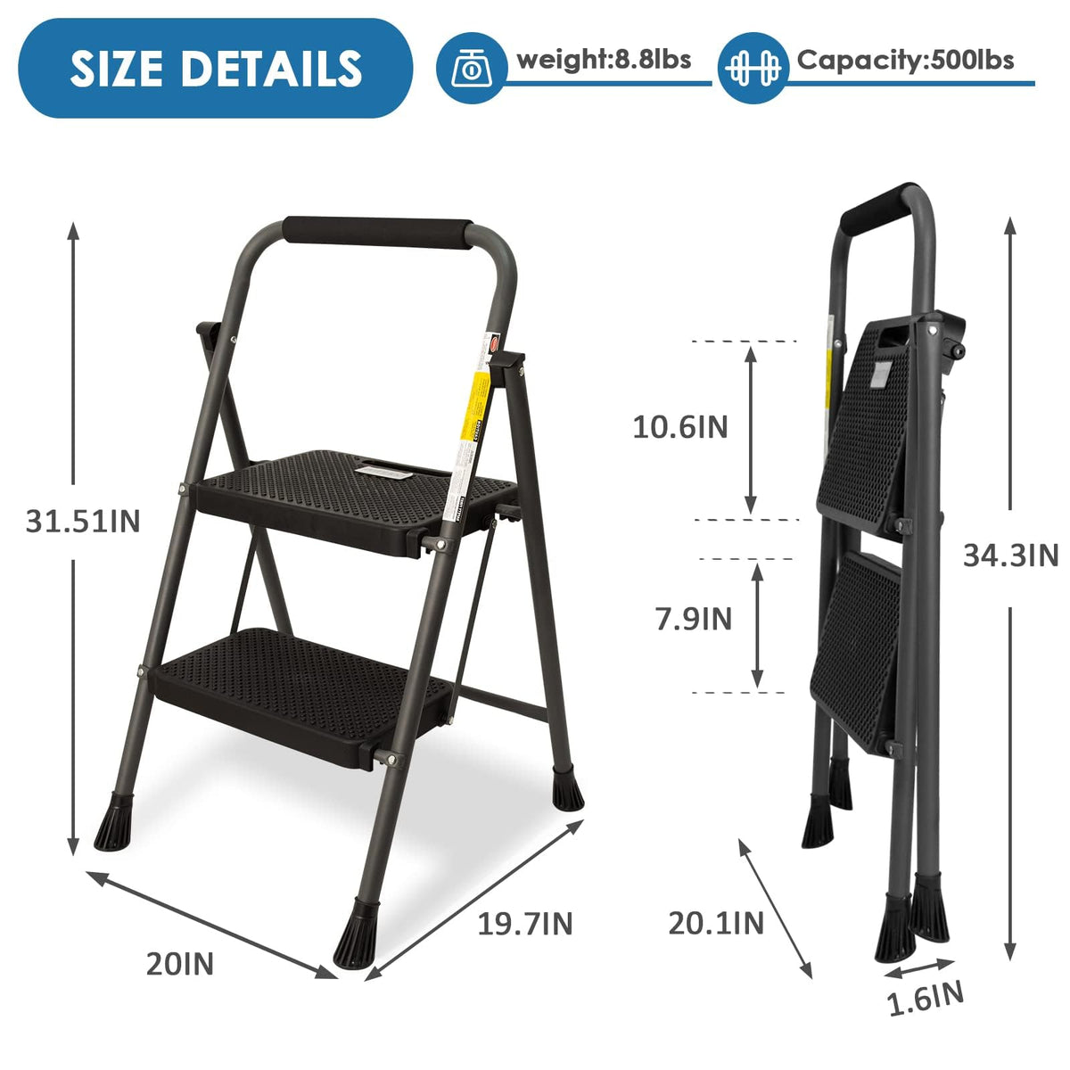 2 Step Ladder 500lbs Capacity W75073
