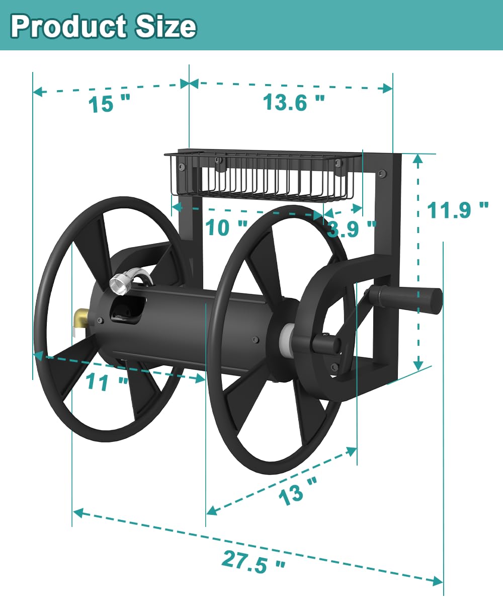 Wall Mounted Hose Reel, Holds 125 Feet of 5/8-Inch Hose, Black G539
