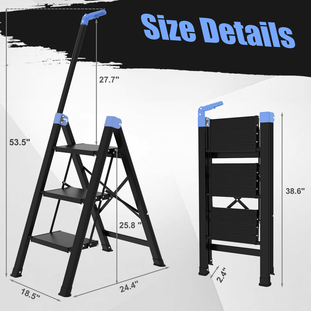 3 Step Foldable Stool with Single-Handrail Blue S66525