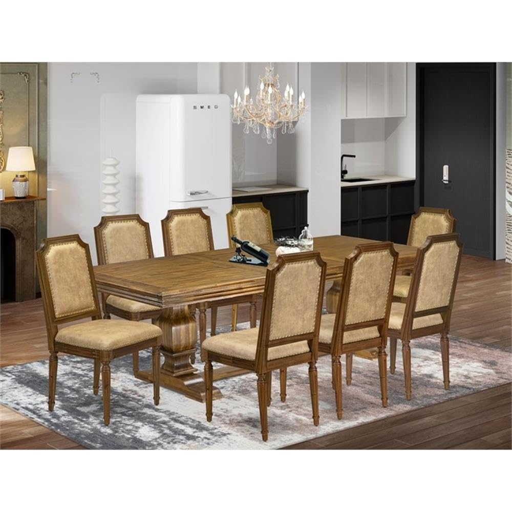9-Piece Walnut Finish Acacia Wood Dining Room Set with Beige PU Leather Chairs Q845
