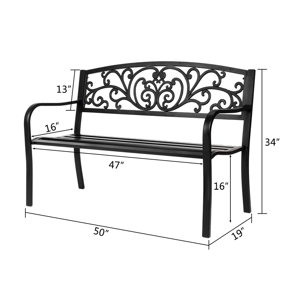 50in Black Metal Outdoor Bench with Armrests C2118