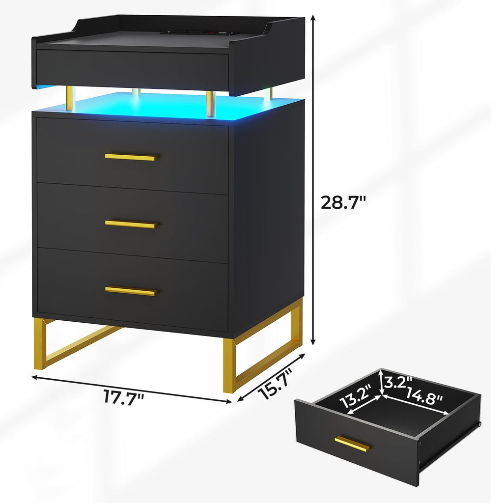 Black and Gold LED Nightstand with Charging Station F3642