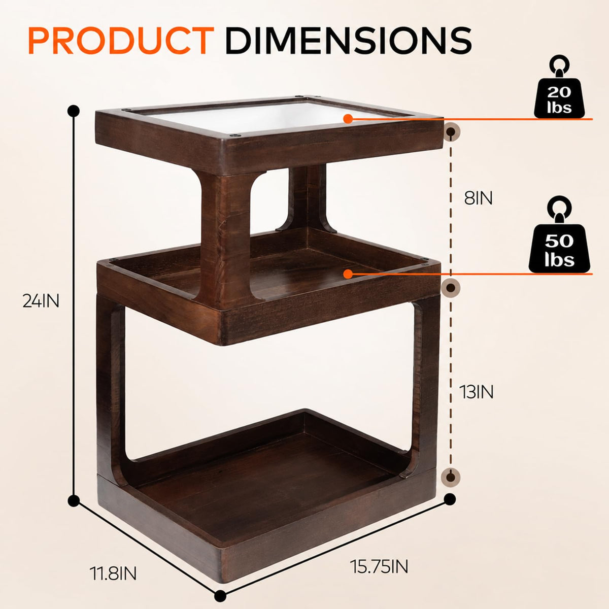 Solid Wood 3 Tier Brown Side Table F282776