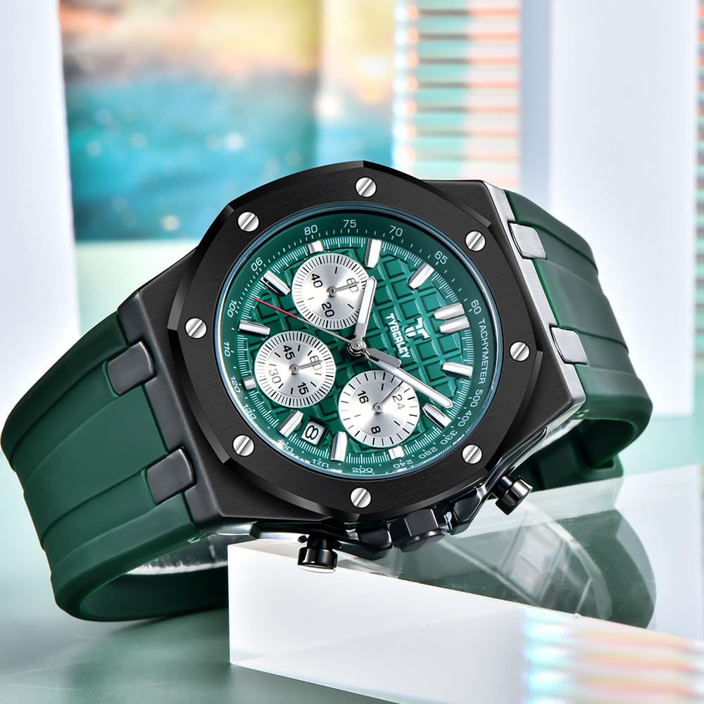 Men's Quartz Chronograph Watch 41MM Waterproof Rubber Strap Luminous W50534