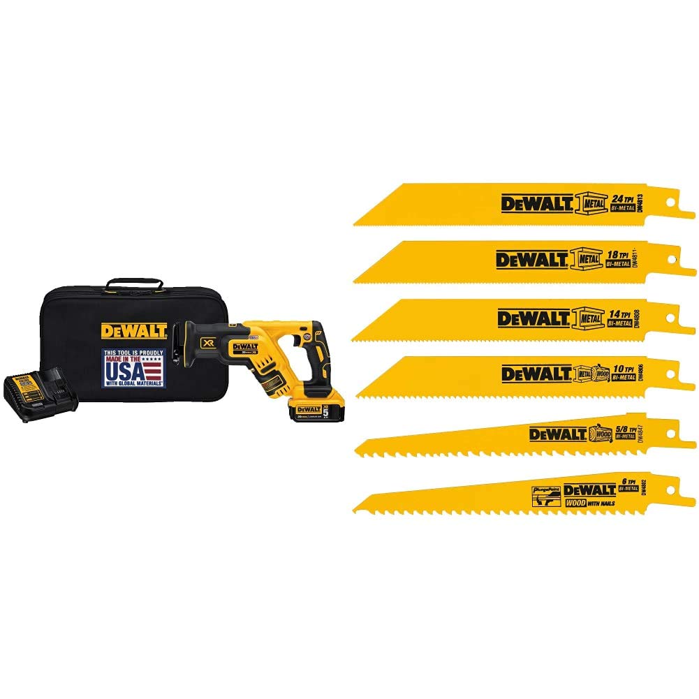 20V MAX XR Compact Reciprocating Saw and 6 Pieces Reciprocating Saw Blades Set A1303