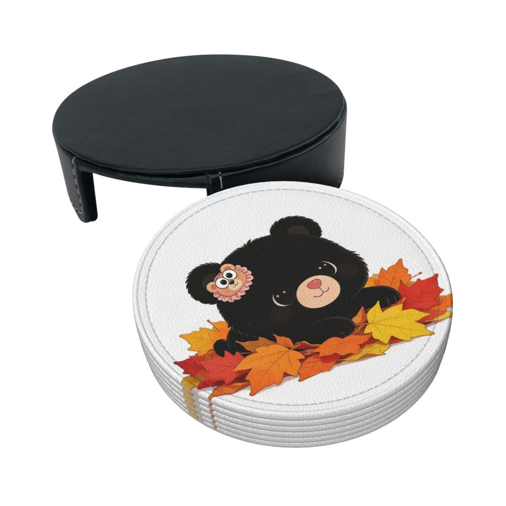 Black Bear Leather Coasters Set of 6 with Holder O841111