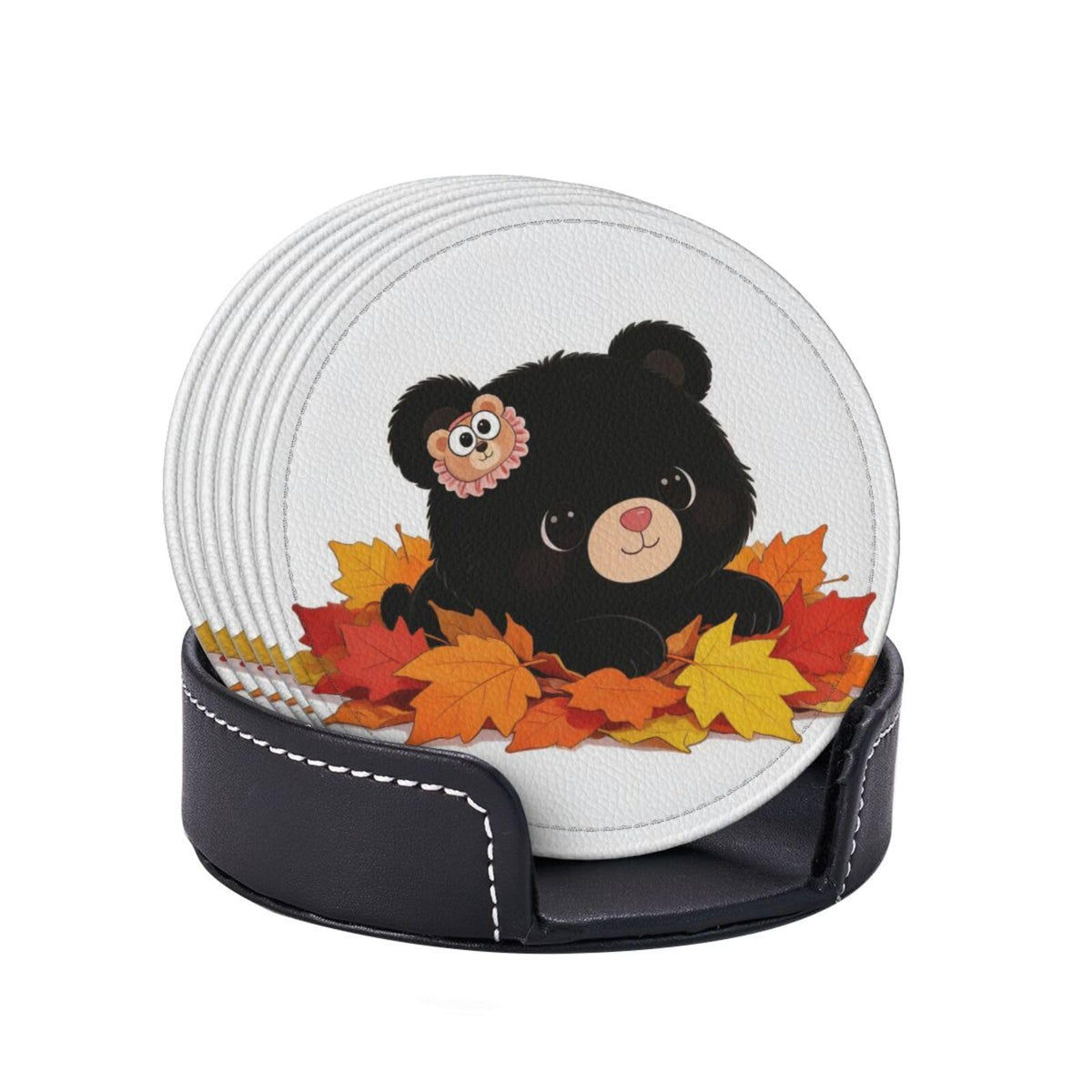 Black Bear Leather Coasters Set of 6 with Holder O841111