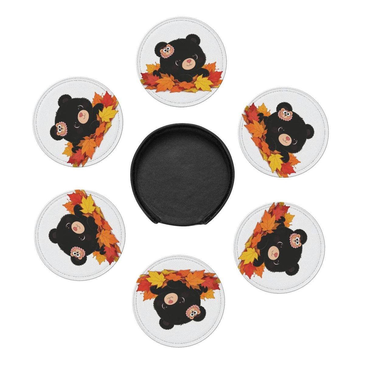 Black Bear Leather Coasters Set of 6 with Holder O841111