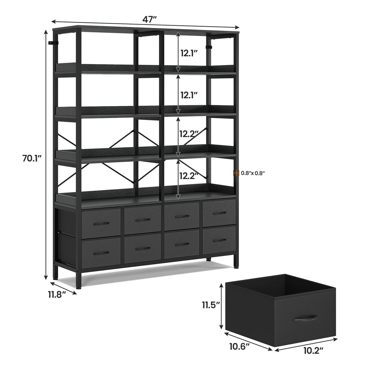 Black 8 Fabric Drawer 7-Tier Bookshelf V753499