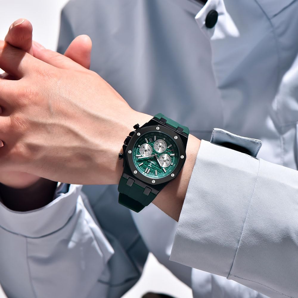 Men's Quartz Chronograph Watch 41MM Waterproof Rubber Strap Luminous W50534