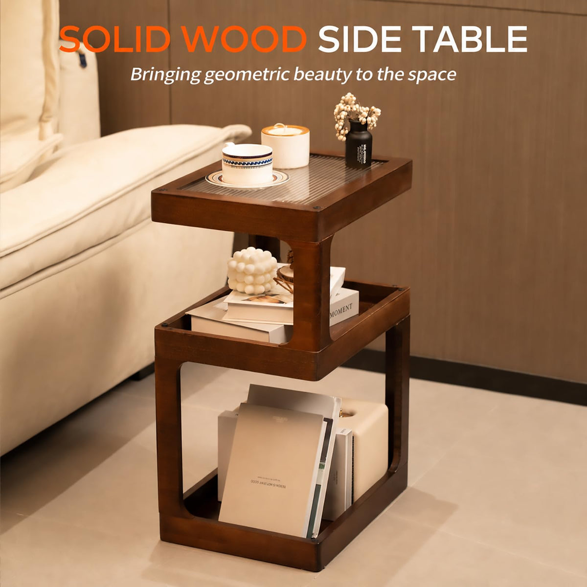 Solid Wood 3 Tier Brown Side Table F282776
