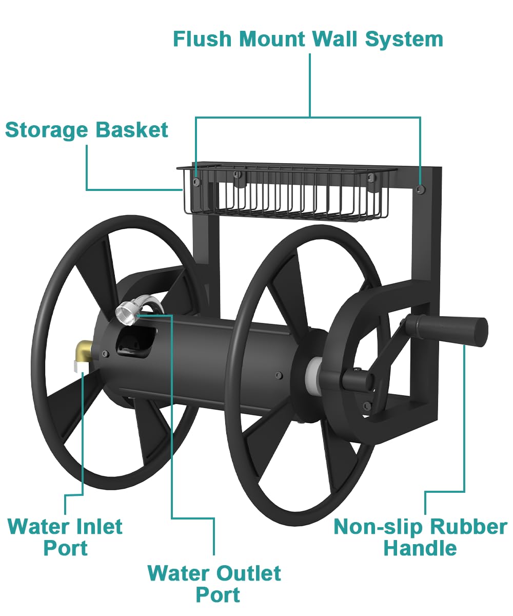 Wall Mounted Hose Reel, Holds 125 Feet of 5/8-Inch Hose, Black G539