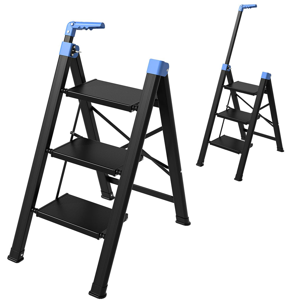 3 Step Foldable Stool with Single-Handrail Blue S66525