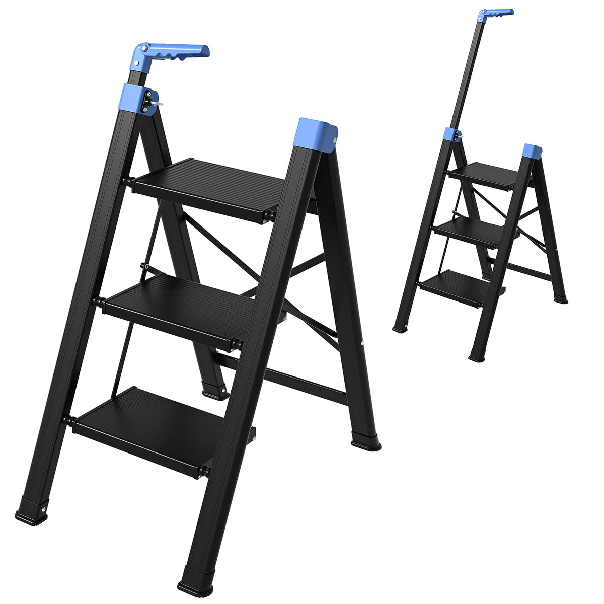 3 Step Foldable Stool with Single-Handrail Blue S66525