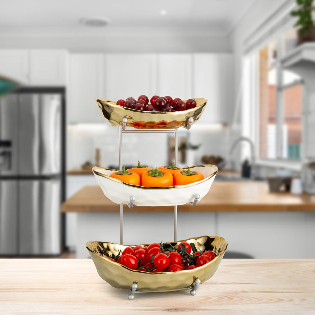 3 Tier Ceramic Serving Bowls with Metal Stand J3041