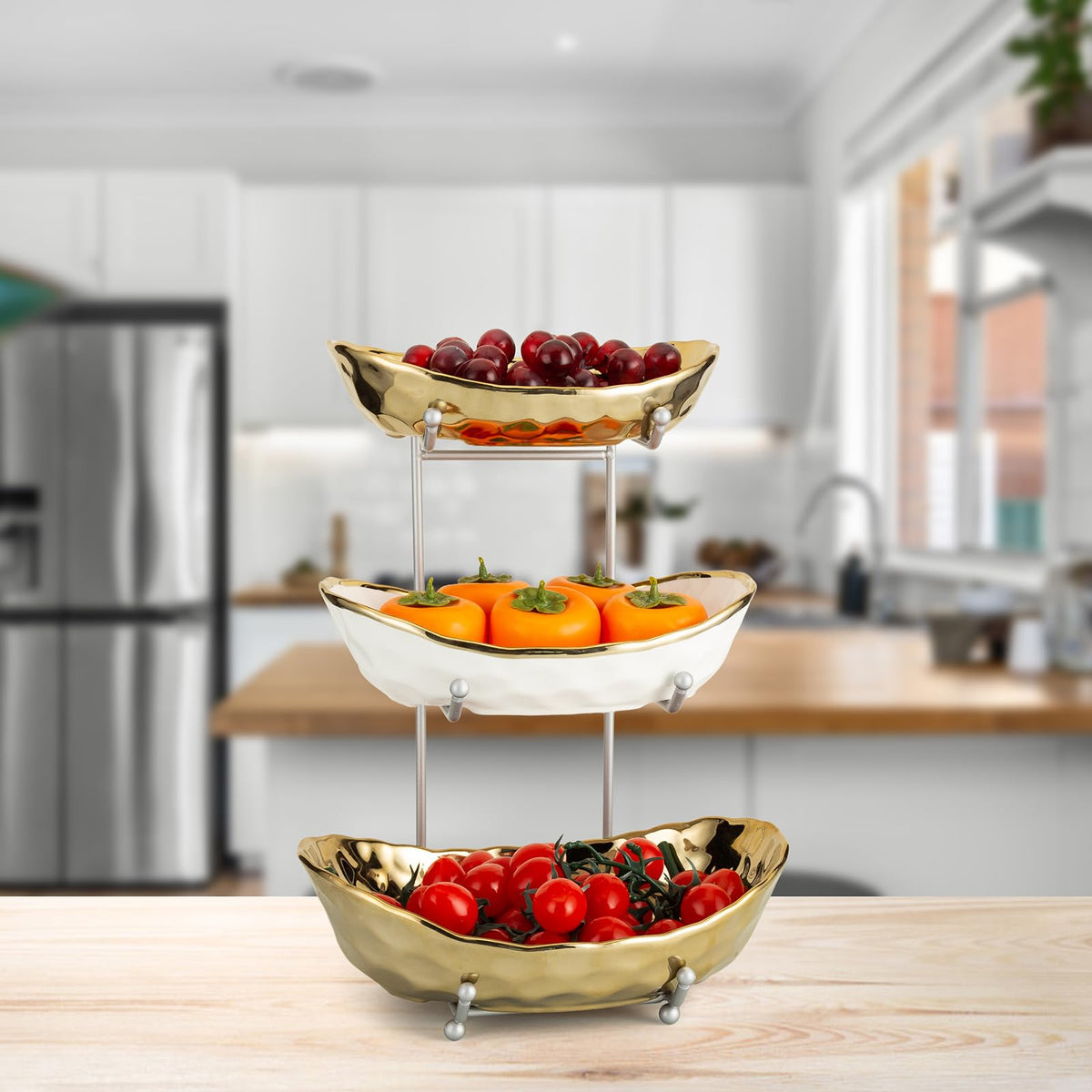 3 Tier Ceramic Serving Bowls with Metal Stand J3041