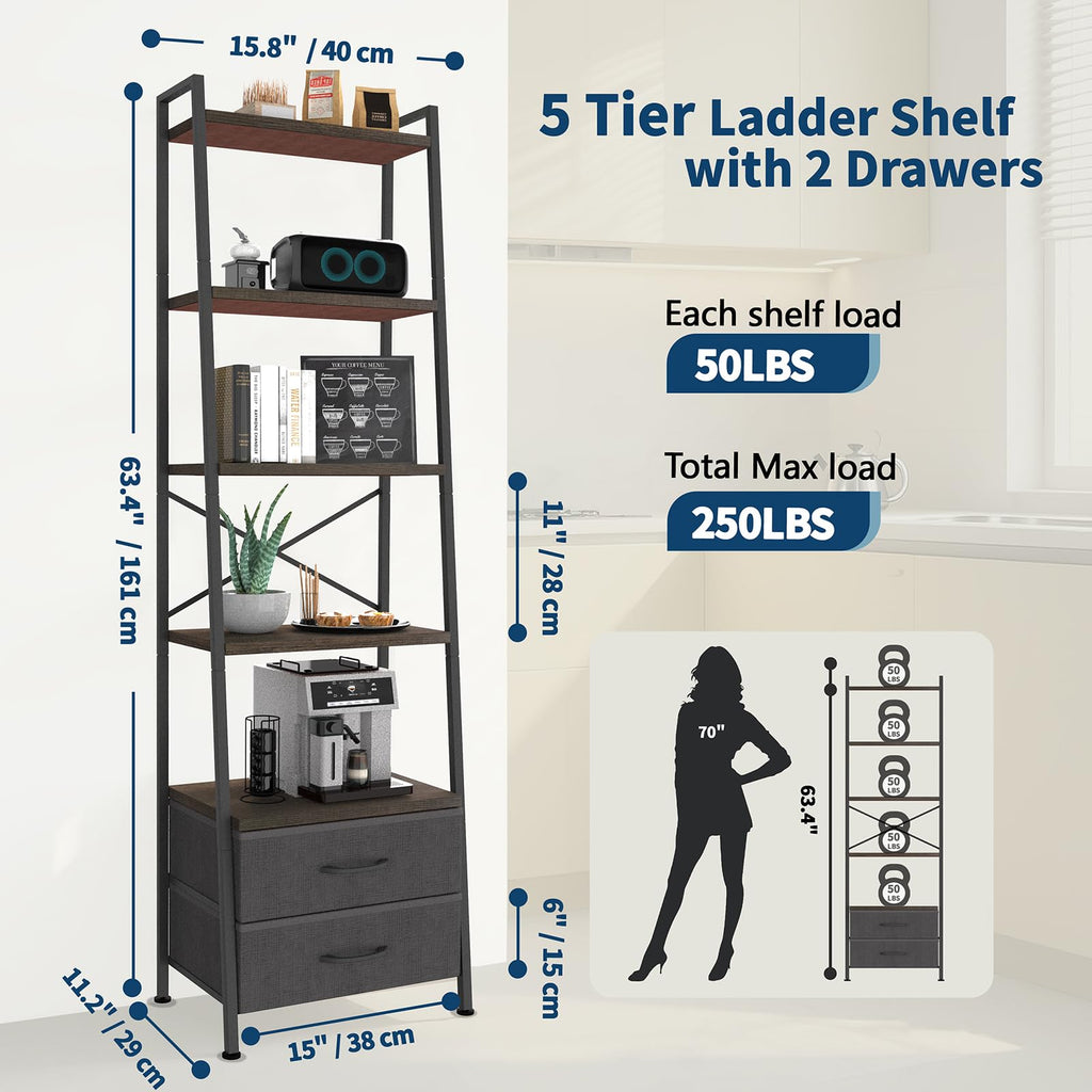 5-Tier Ladder Bookshelf with 2 Drawers Black J81211