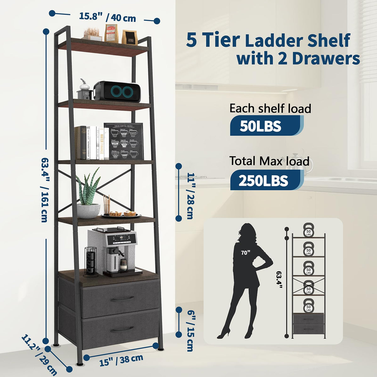 5-Tier Ladder Bookshelf with 2 Drawers Black J81211