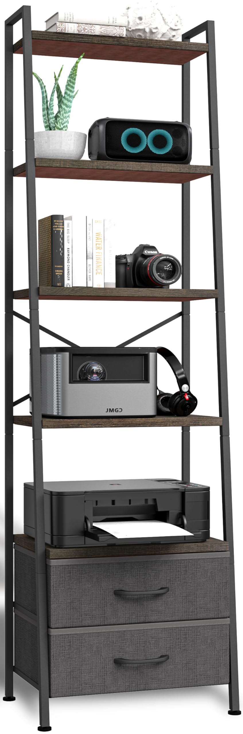 5-Tier Ladder Bookshelf with 2 Drawers Black J81211