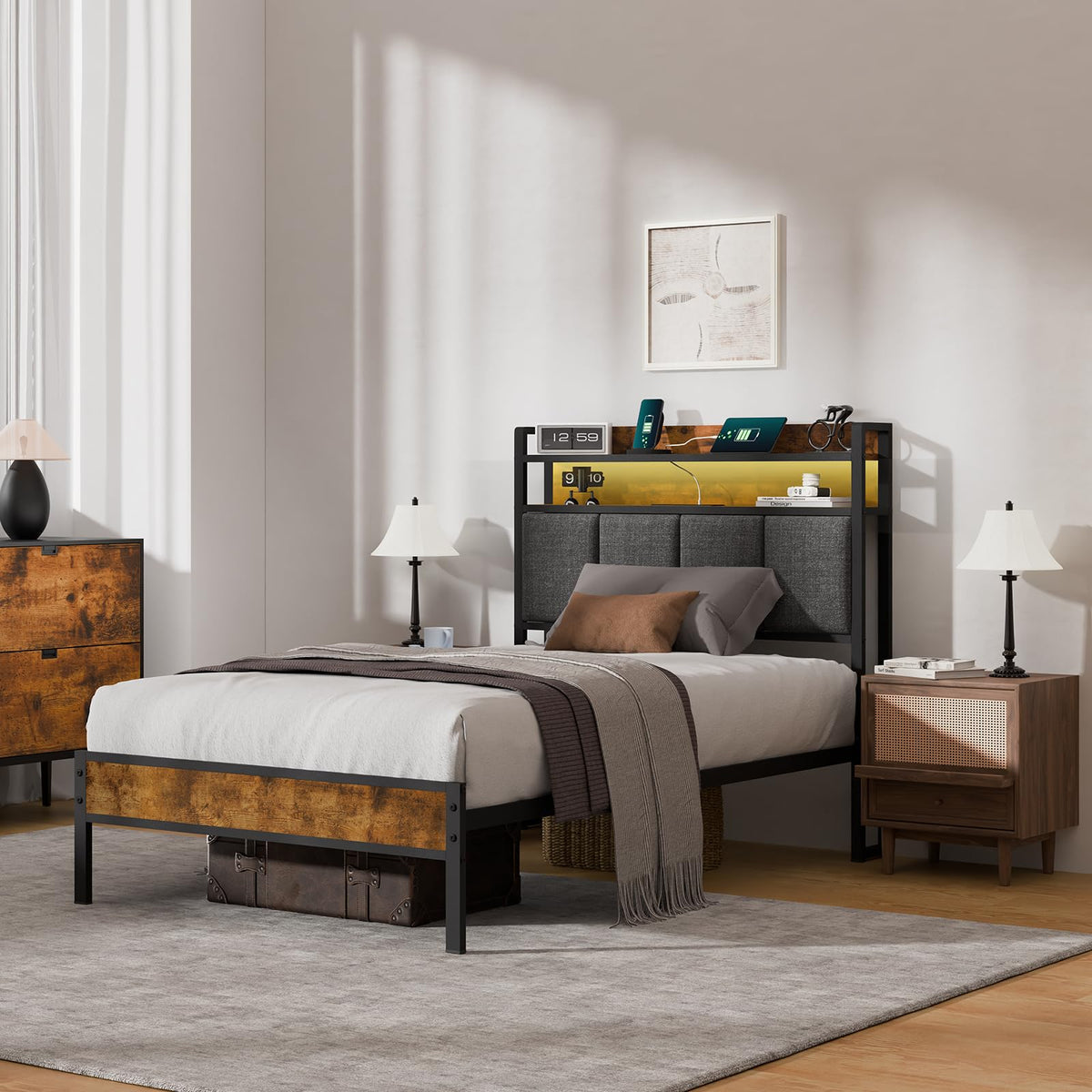 Twin Bed Frame with Upholstered Headboard P66078