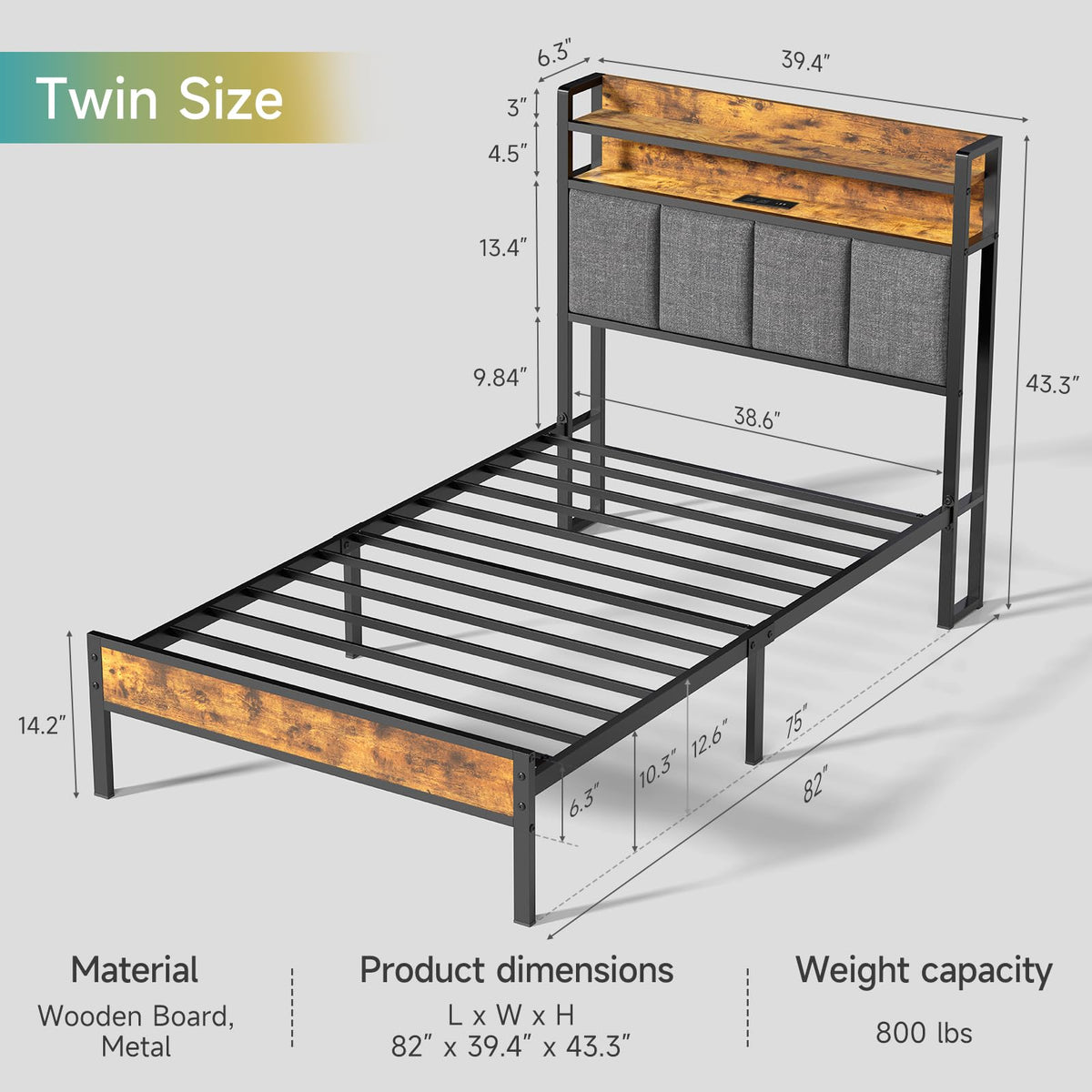 Twin Bed Frame with Upholstered Headboard P66078