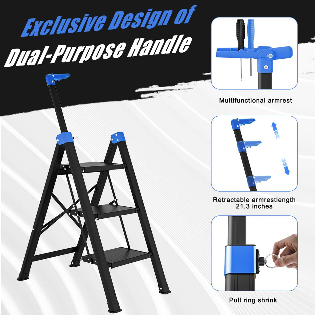 3 Step Foldable Stool with Single-Handrail Blue S66525