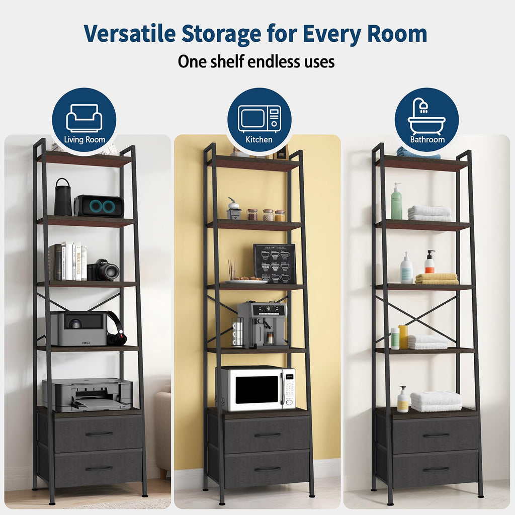 5-Tier Ladder Bookshelf with 2 Drawers Black J81211