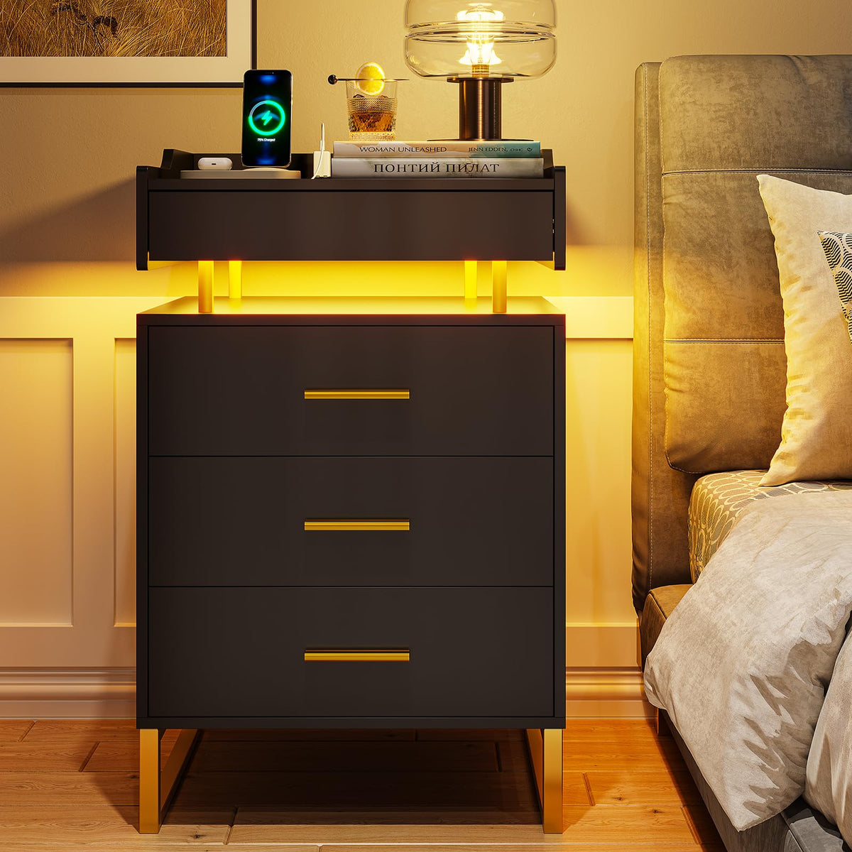Black and Gold LED Nightstand with Charging Station F3642
