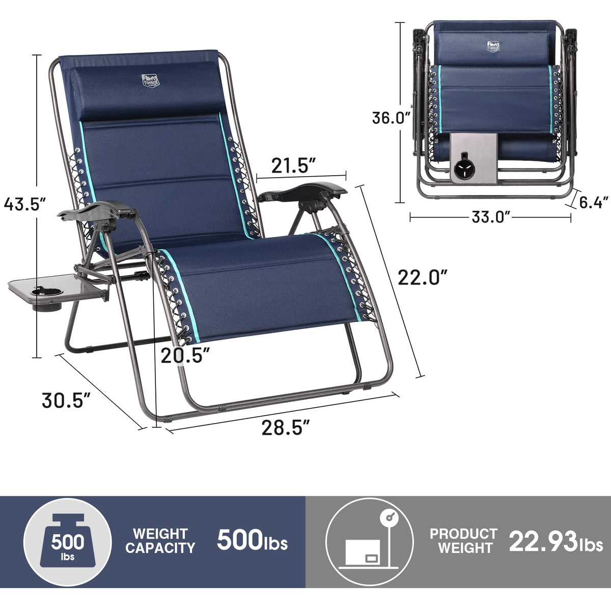Oversized Zero Gravity Reclining Chair with Side Table, Blue 2 Pack M12569