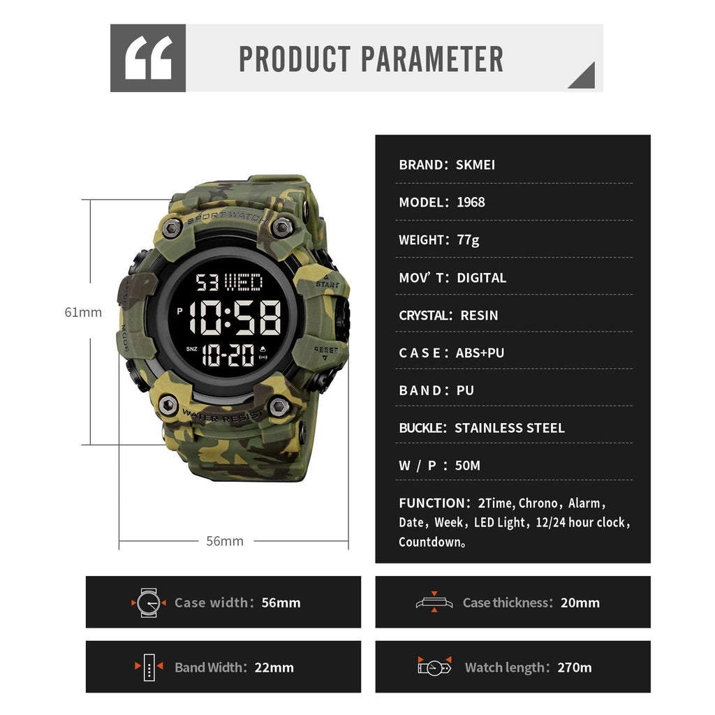 Men Digital Watch Waterproof LED Stopwatch H428064