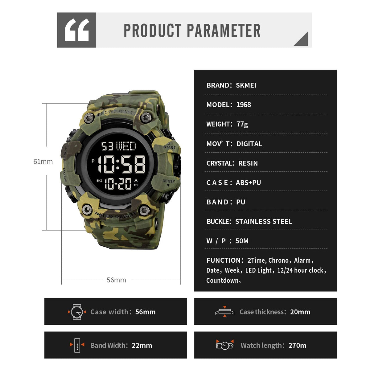 Men Digital Watch Waterproof LED Stopwatch H428064