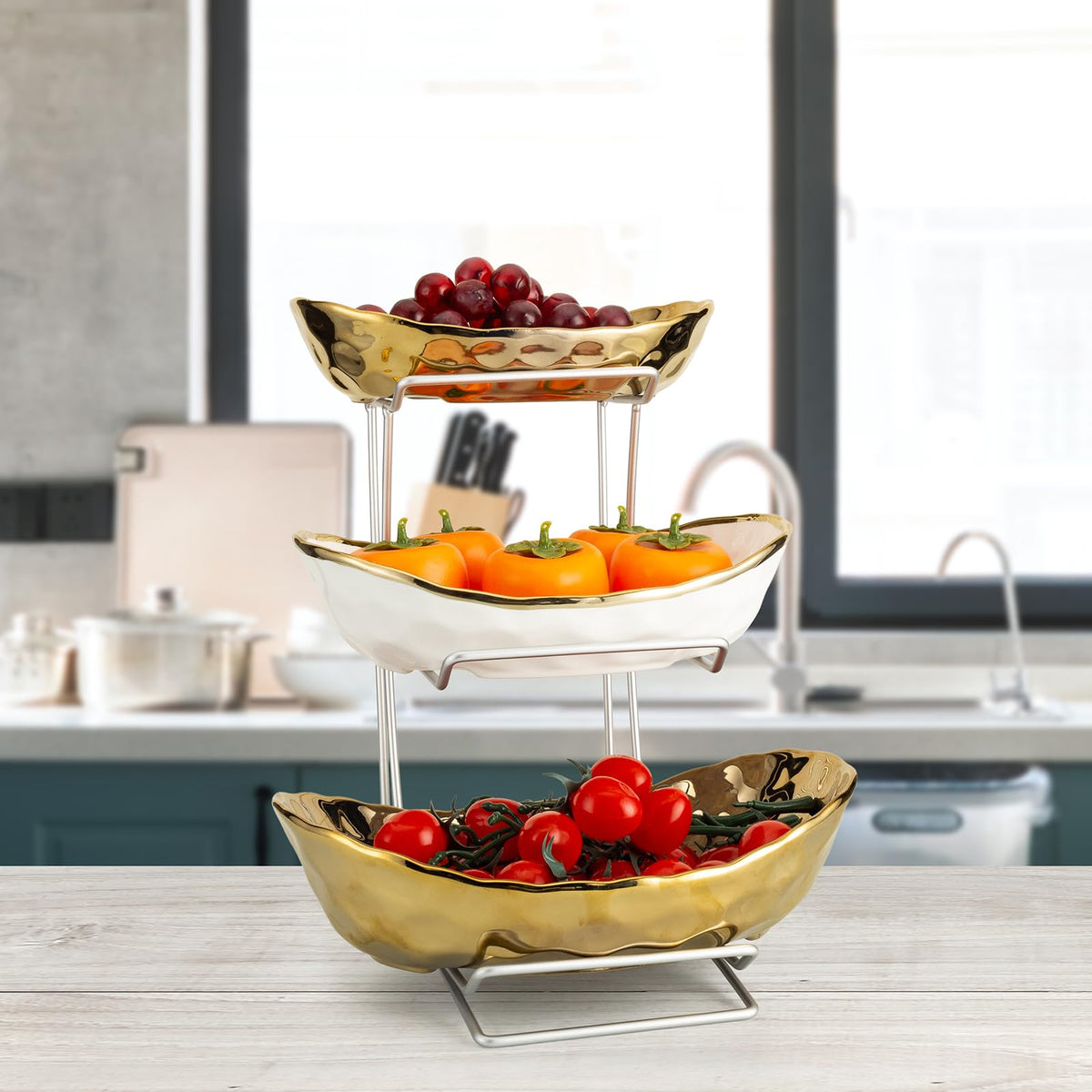 3 Tier Ceramic Serving Bowls with Metal Stand J3041