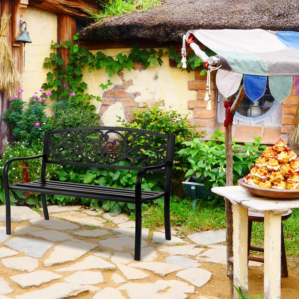 50in Black Metal Outdoor Bench with Armrests C2118