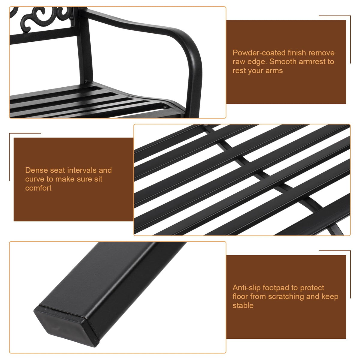 50in Black Metal Outdoor Bench with Armrests C2118