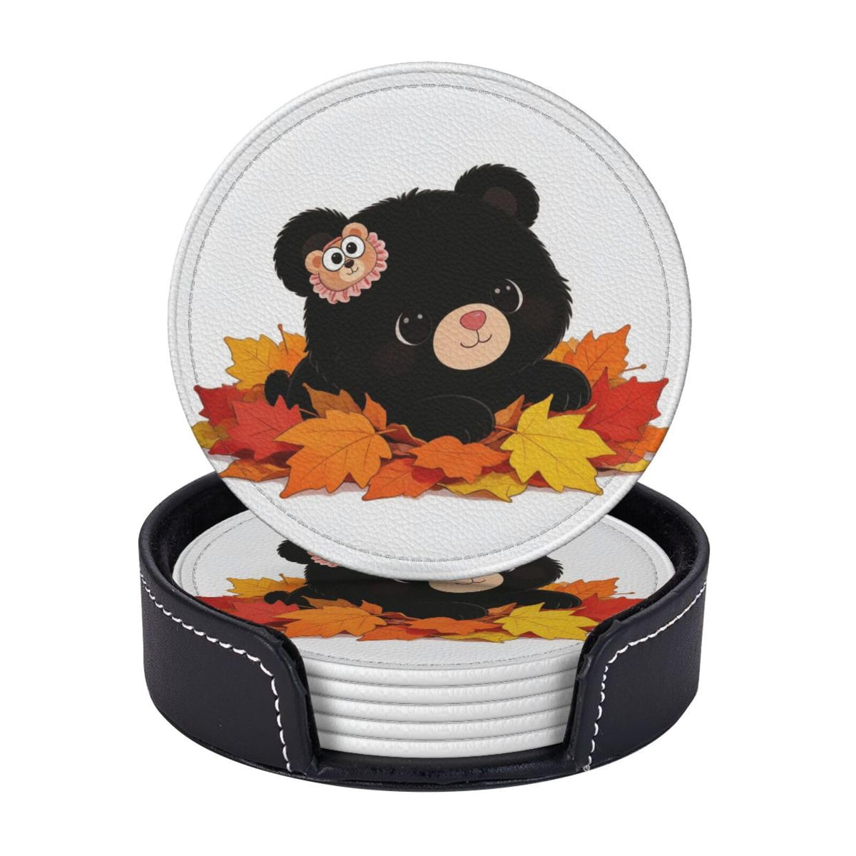 Black Bear Leather Coasters Set of 6 with Holder O841111