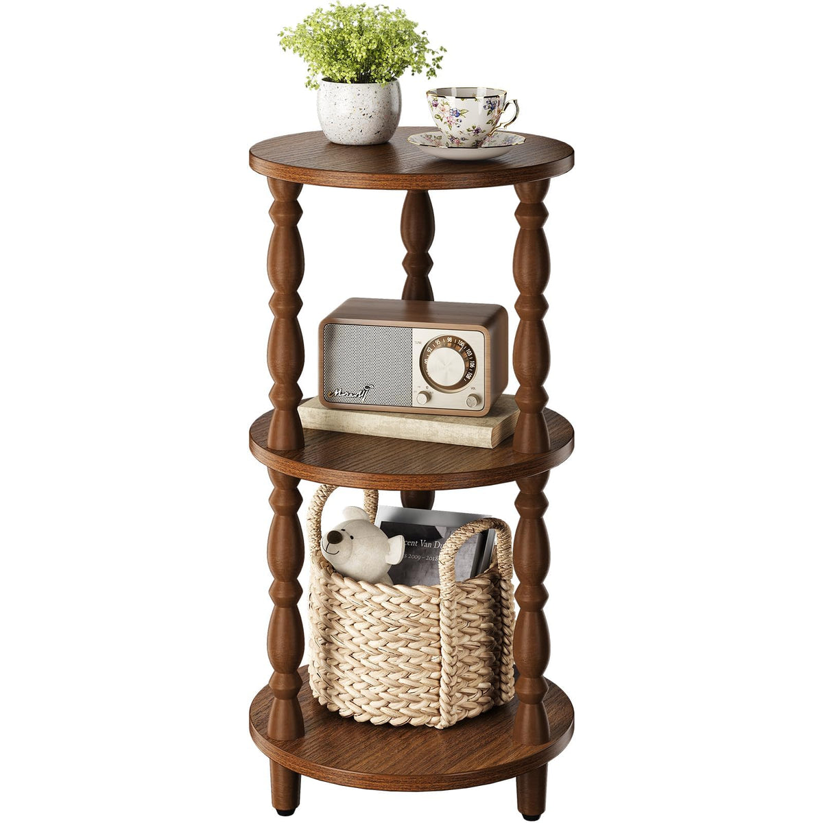 Small Round 3-Tier Wood Side Table with Storage Shelf U4314