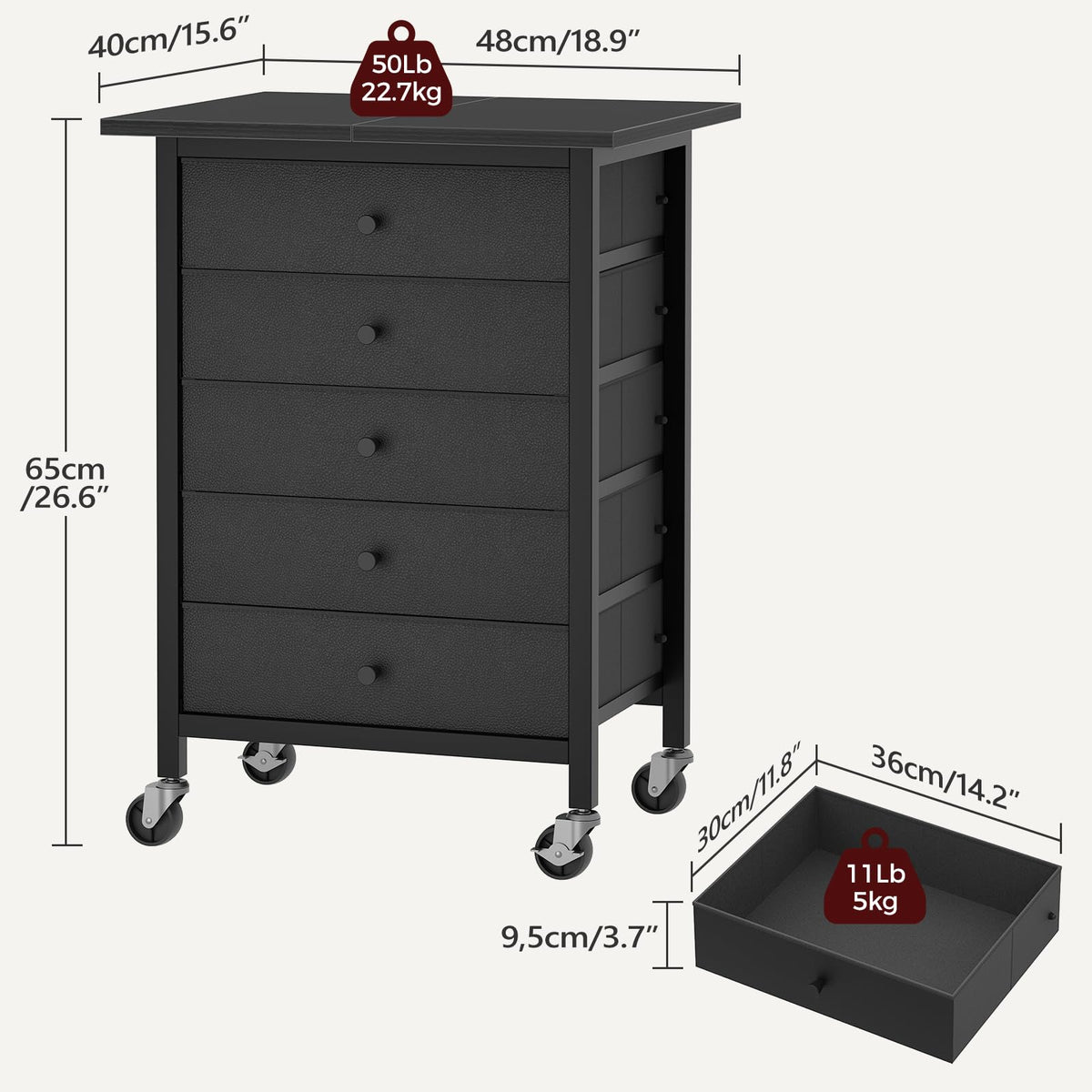 Black 5 Drawer Rolling File Cabinet with Wheels K41610