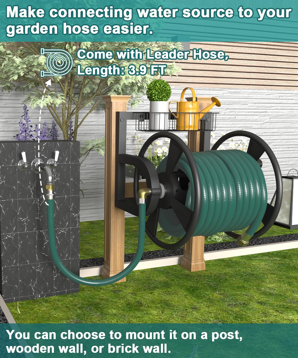 Wall Mounted Hose Reel, Holds 125 Feet of 5/8-Inch Hose, Black G539