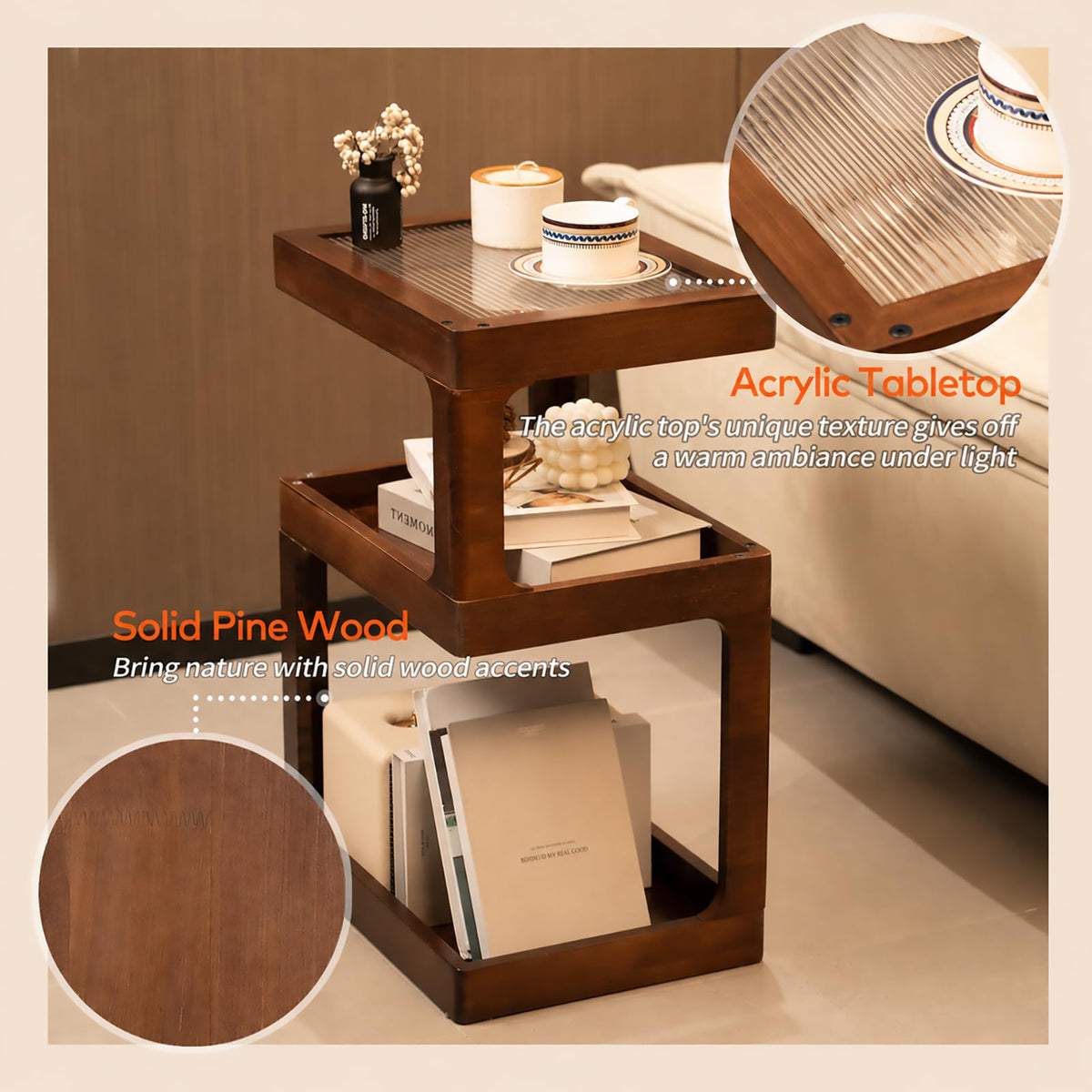 Solid Wood 3 Tier Brown Side Table F282776