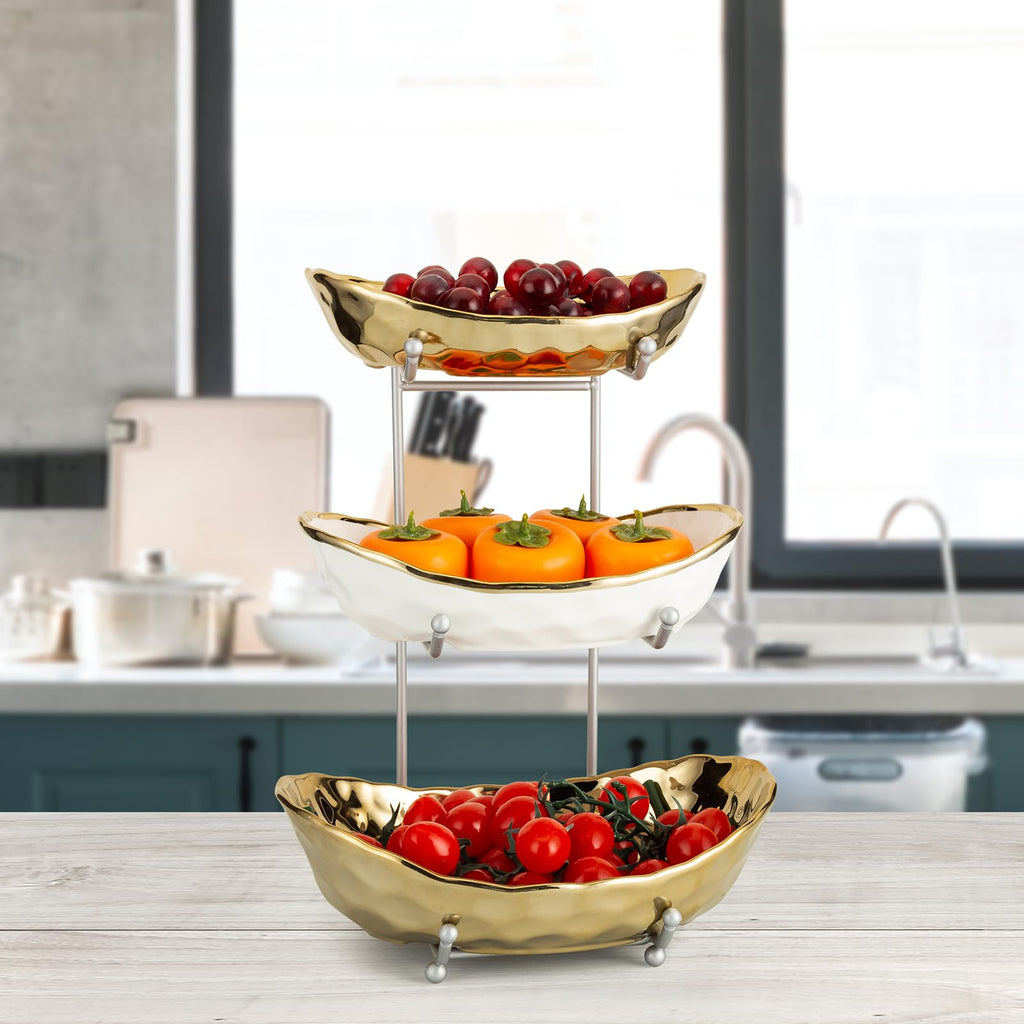 3 Tier Ceramic Serving Bowls with Metal Stand J3041
