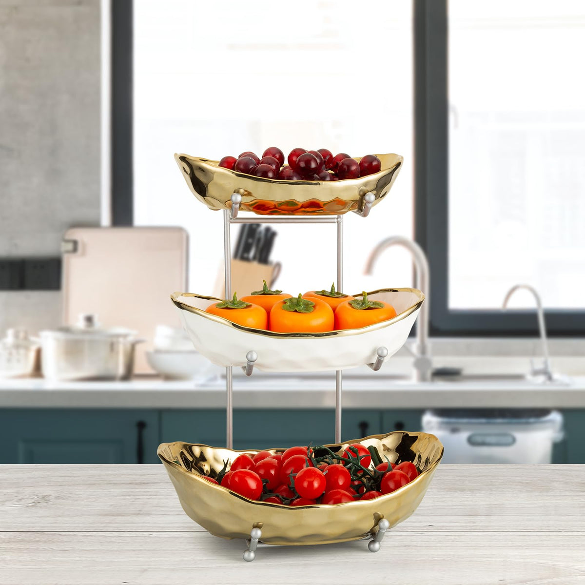 3 Tier Ceramic Serving Bowls with Metal Stand J3041