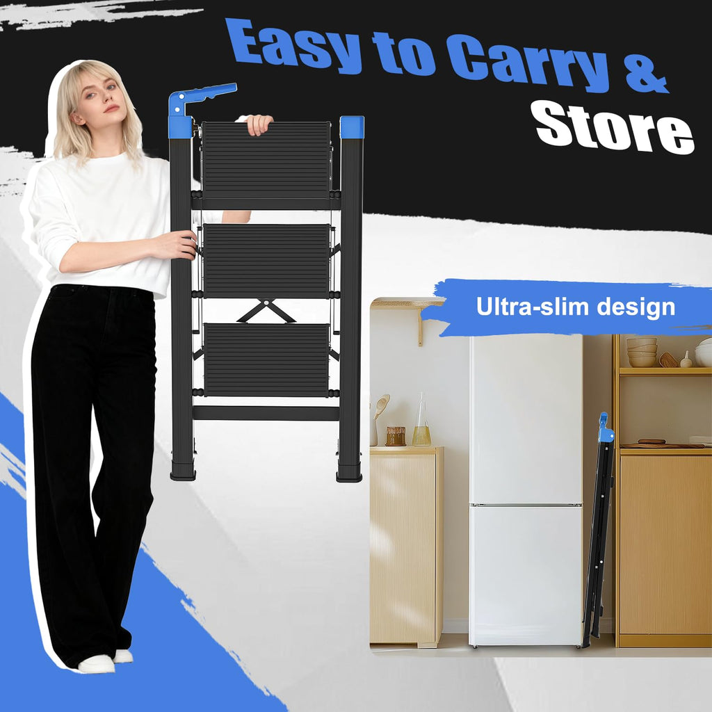 3 Step Foldable Stool with Single-Handrail Blue S66525