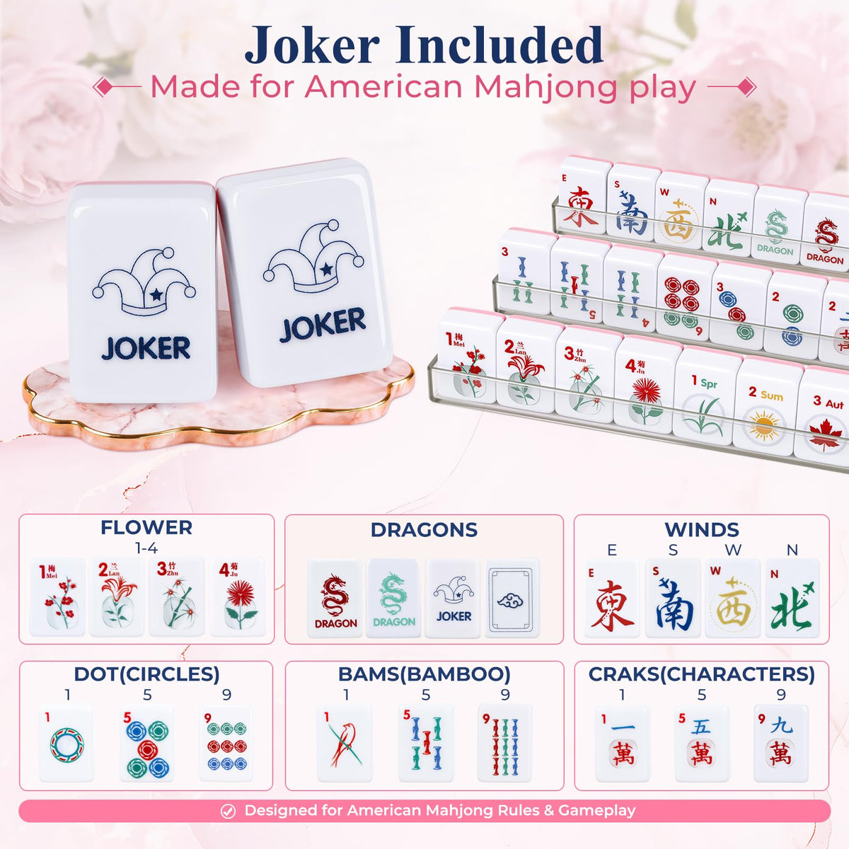 American Mahjong Set 166 Mini 0.8-Inch Tiles 4 Racks Pink L525