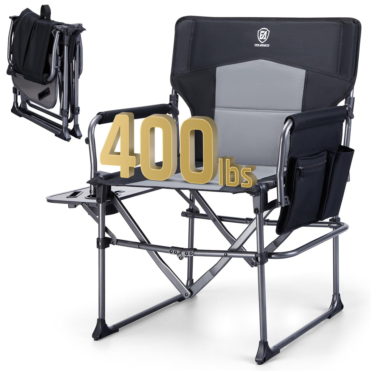 Portable Folding Camping Chair with Side Table, Black Q878