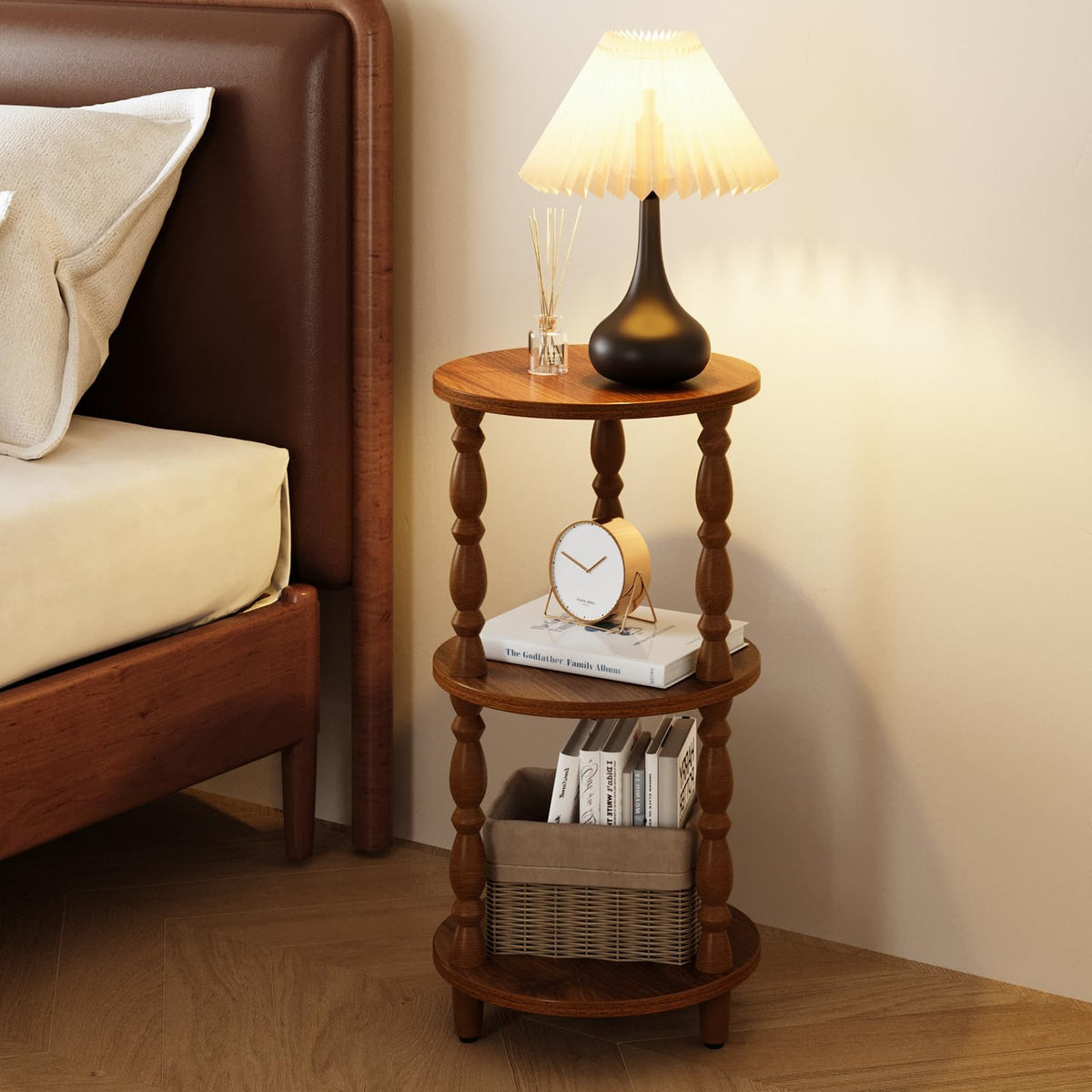 Small Round 3-Tier Wood Side Table with Storage Shelf U4314