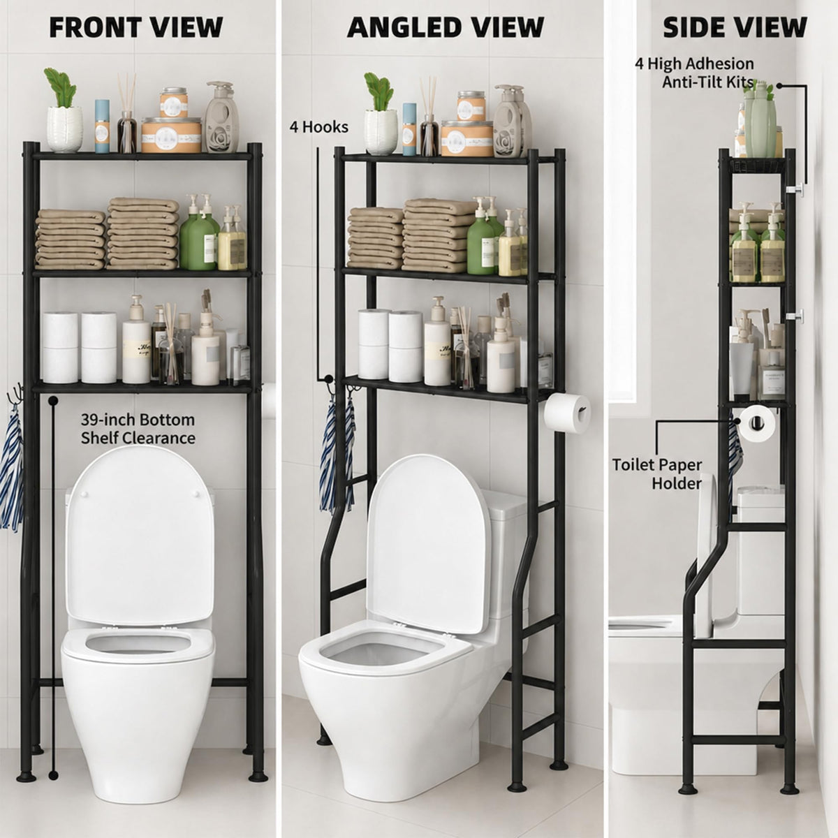 3-Tier Over Toilet Storage, Black P707