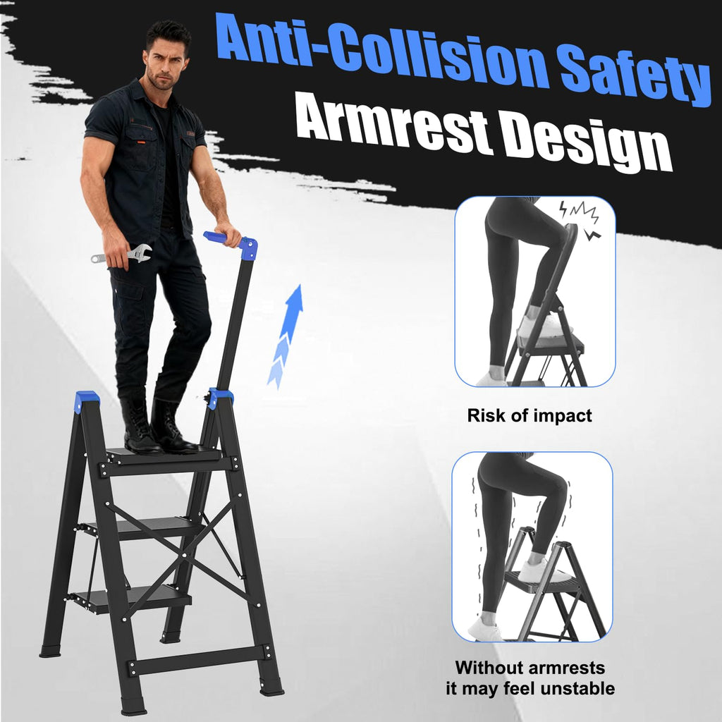 3 Step Foldable Stool with Single-Handrail Blue S66525